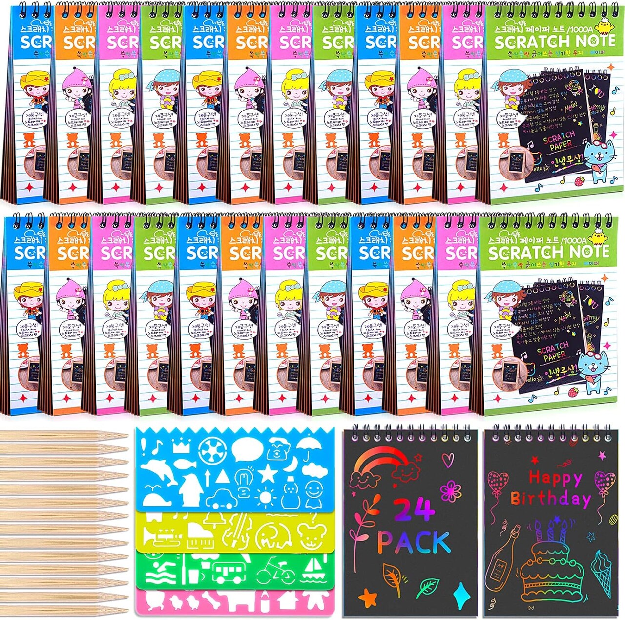 24-Pack Rainbow Scratch Art Notebooks – Kids’ Scratch Note Pads with Styluses & Stencils, Fun Art Party Favors for Girls & Boys Ages 4+